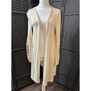 Boho  Open Front Cardigan Small Cream Embroidered Bell Sleeve Lightweight